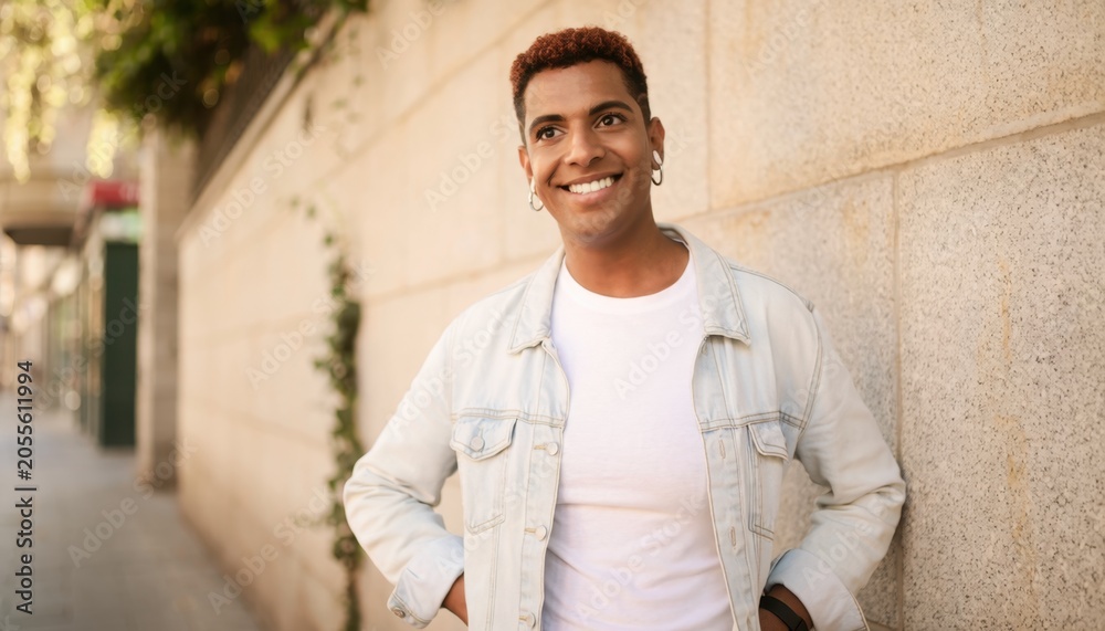 Obraz premium Smiling Young Man with Short Curly Hair Wearing White T-Shirt and Light Denim Jacket Outdoors