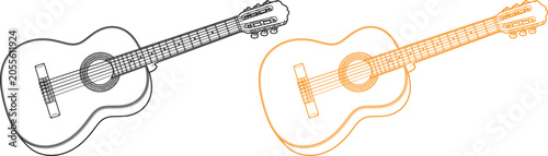 Black and white line art drawing of a classic acoustic guitar on a clean sheet