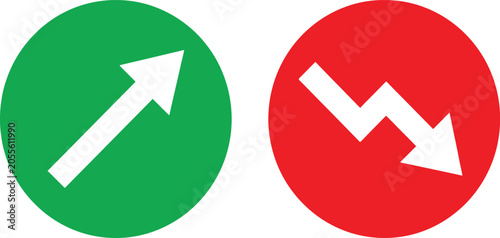 Quadro em tela Green circle with rising arrow and red circle with falling zigzag arrow icon set