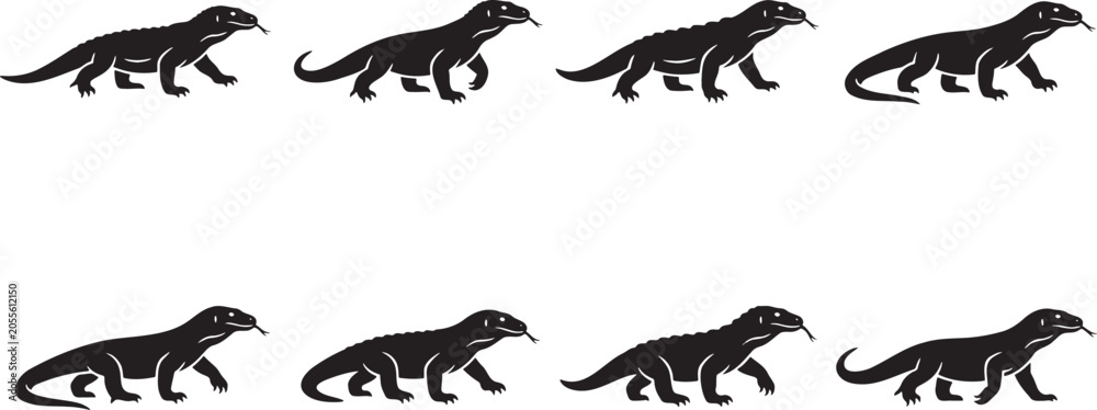 Obraz premium Black silhouette collection of sequence of a wild lizard or iguana walking forward step by step
