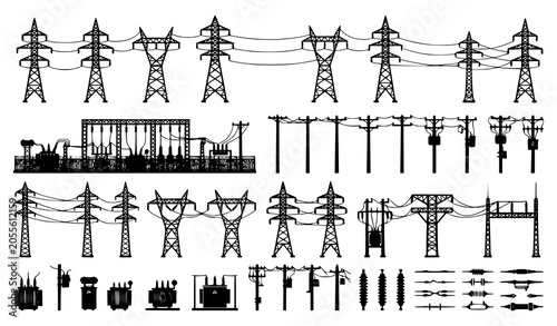 Cuadro en lienzo High Voltage Transmission Tower and Power Line Silhouette Vector Set