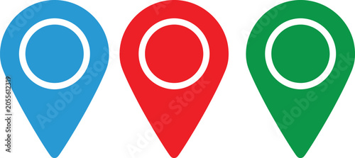 Three colorful map location pins icon set in blue red and green