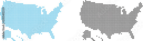Two dotted maps of the united states of america with blue and black circle patterns