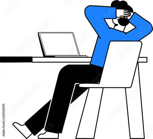Man relaxing at office desk illustration, Person stretching in office chair, Remote work break vector graphic, Workspace relaxation design