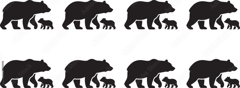 Fototapeta premium Black silhouette collection of protective mama grizzly bear walking side by side with her small cubs