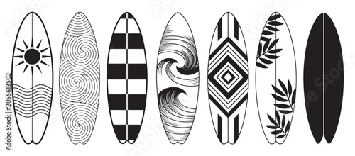 Photography Surfboard line art set, patterned surfboard vector collection for summer beach,