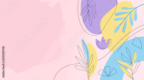 Soft pastel abstract background with organic shapes and botanical line art elements