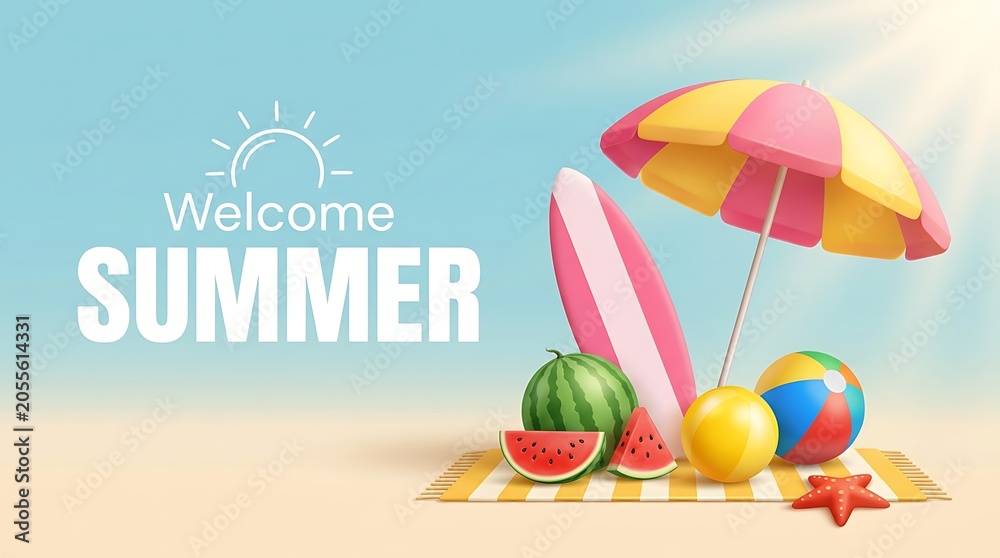 Obraz premium Welcome summer banner with beach scene featuring surfboard beach umbrella watermelon ball starfish and rolled towels on sand with blue sky and sun rays.