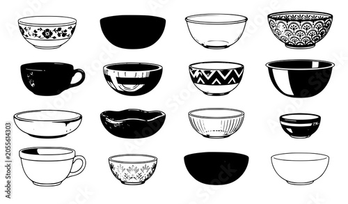 Photos Different bowls collection vector illustration kitchenware set isolated on white