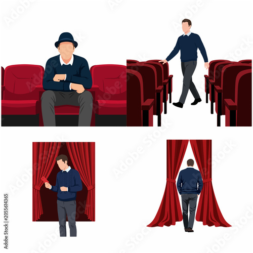Foto Vector illustration of a man in various theater scenes, including sitting in a red cinema seat, walking through aisles, holding a ticket, and entering a stage through red curtains