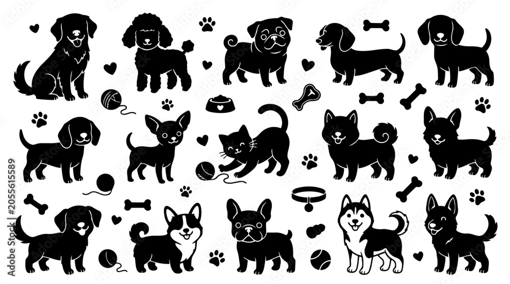 Obraz premium Black Silhouette Collection Of Various Dog Breeds Cats And Pet Accessories