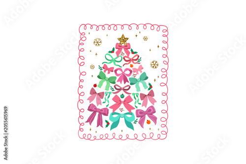 Pastel Pink Christmas Tree with Bows Stamp Sublimation Design