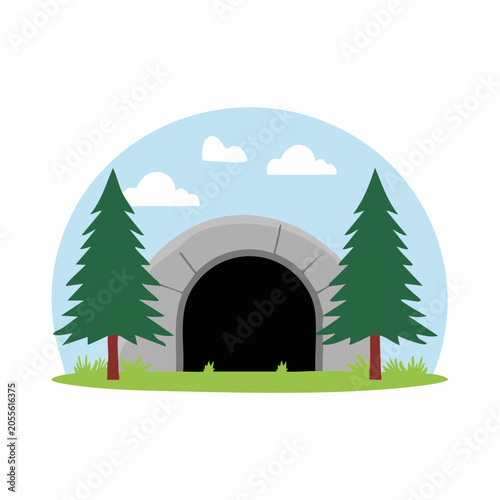Cartoon illustration of a stone tunnel entrance with trees and sky