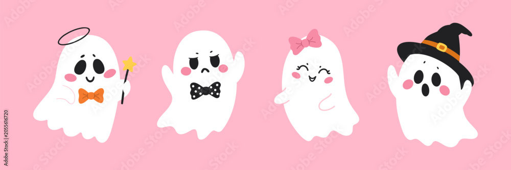 Fototapeta premium Halloween ghost characters collection pack. Spooky phantoms with witch hat pink hair bow tie and magic star wand. Holiday party design graphics. Vector illustration pink background