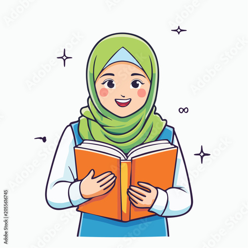 Young Muslim girl in hijab reading a book