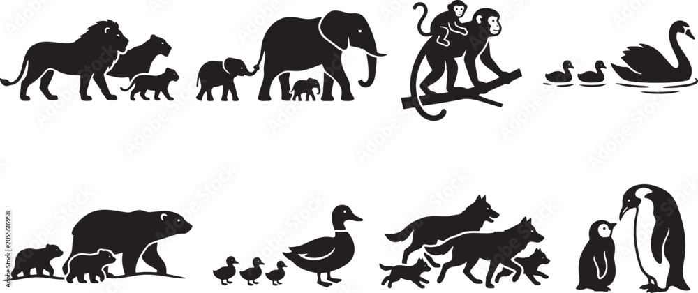 Naklejka premium Long horizontal procession of animal family silhouettes marching