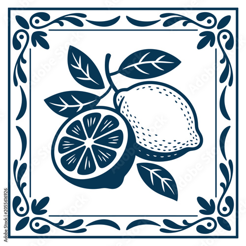 Canvas-taulu Lemon And Slice Illustration With Decorative Border Blue Tone
