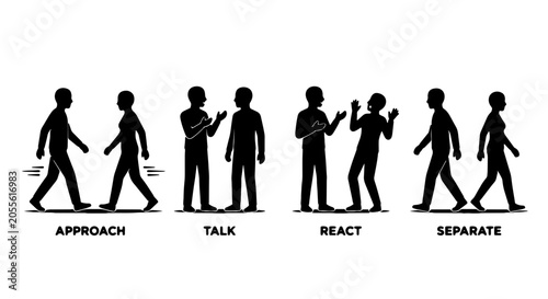 Photos Human Interaction Sequence Icons: Approach, Talk, React, Separate Silhouettes fo