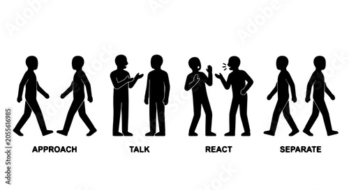Photos Communication Stages Vector Icons: Approach, Talk, React, Separate Silhouettes,