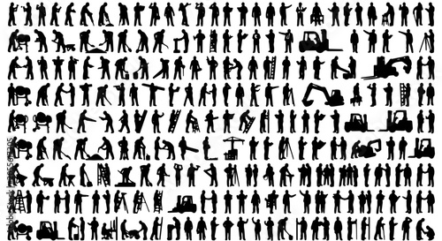 Cuadro en lienzo Construction Worker Silhouettes, Building Industry Professionals, Heavy Machiner