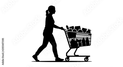 Obraz na płótnie Woman Silhouette Pushing Full Shopping Cart, Grocery Store Purchase, Everyday Er