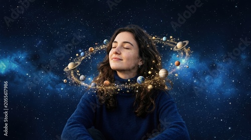 Young dreamer in midnight blue turtleneck with miniature planets and golden stardust orbiting her head against deep navy canvas..