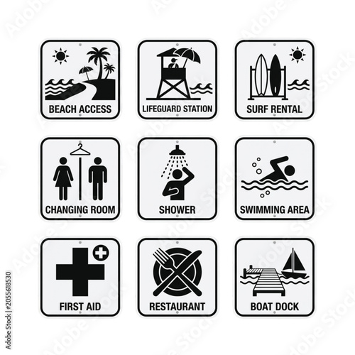 Collection of nine black and white beach information vector signs