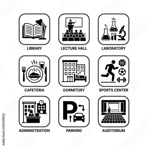 Set of black and white university campus building location icons