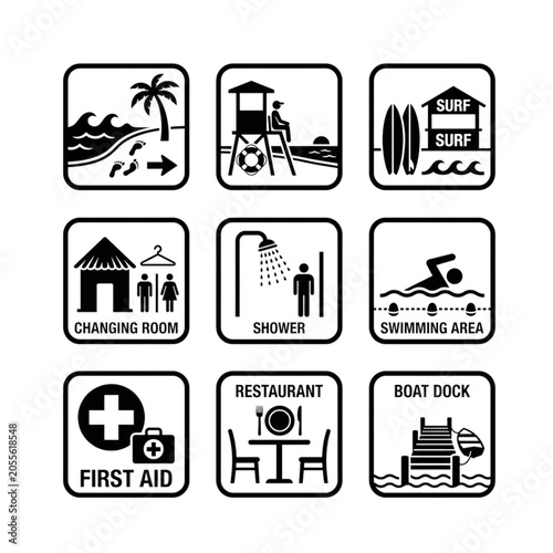 Set of black beach icons representing various coastal activities and facilities