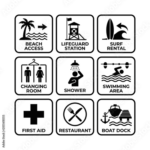 Set of black and white beach service icons vector illustration