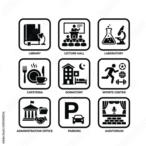 Set of black and white vector icons for university campus facilities