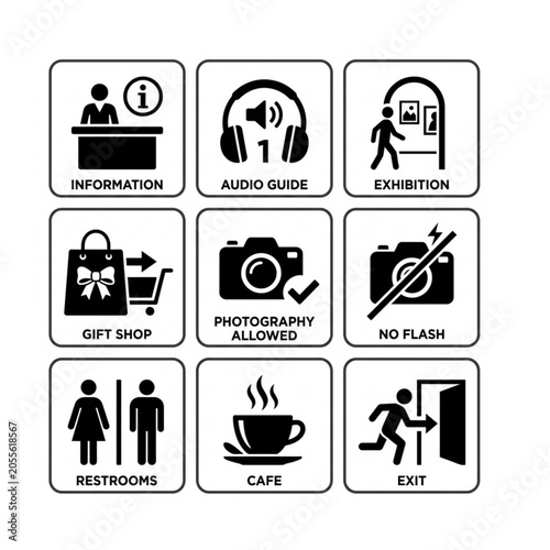 Set of black and white museum visitor information vector icons