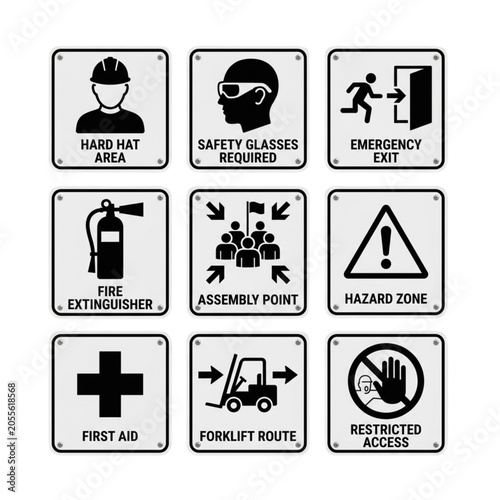 Set of mandatory industrial safety signs for workplace hazard prevention