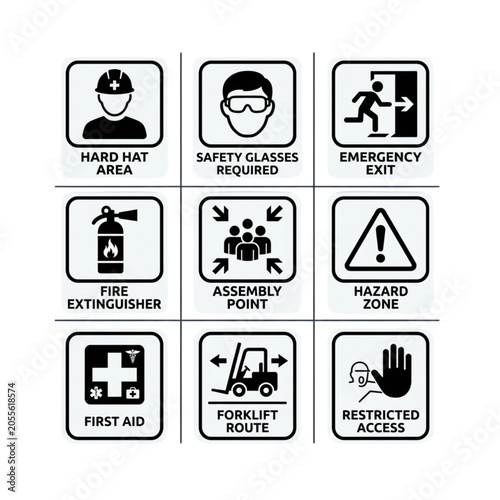 Collection of industrial safety signs displayed as a clean vector graphic