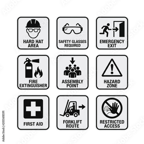 Set of nine black and white industrial workplace safety signs illustration