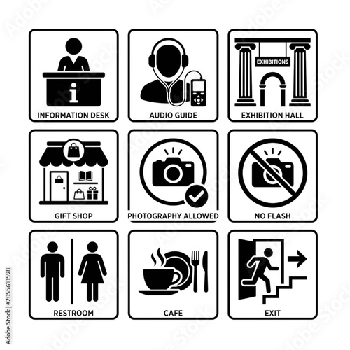 Set of black and white museum visitor information vector icons