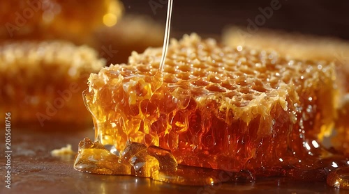 Golden liquid honey drips from a fork onto a fresh honeycomb