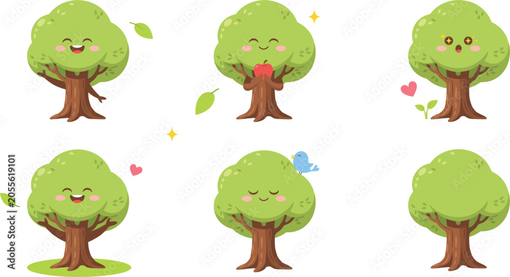 Obraz premium Cute Cartoon Tree Mascot Character Set with Kawaii Smiley Face Expressions Holding Apple, Bird on Branch, and Falling Leaves Isolated Vector Illustration Collection