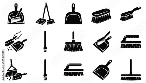 Broom and dustpan black silhouette vector icons set, cleaning tools illustration.