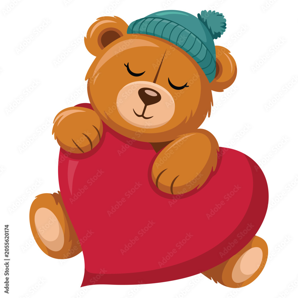 Fototapeta premium Teddy bear on heart shaped design vector illustration with cute romantic style isolated on white background. Perfect for love and Valentine themed artwork.
