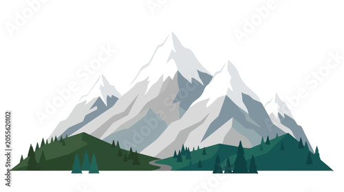 Fotografie Snow capped mountain range with green pine forest.