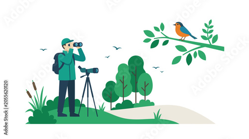 Birdwatcher observing a robin in a natural park setting.