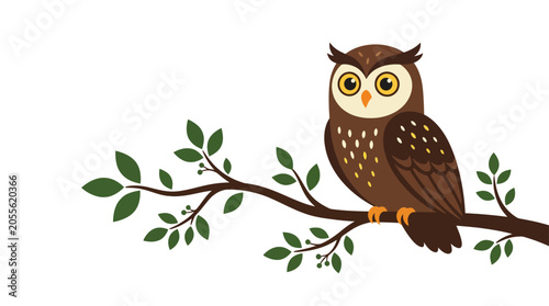 Tableau sur toile Wise owl perched on a green leafy tree branch.