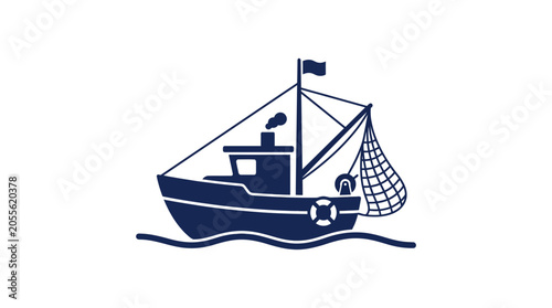 Tableau sur toile Blue fishing trawler boat on waves with net out.
