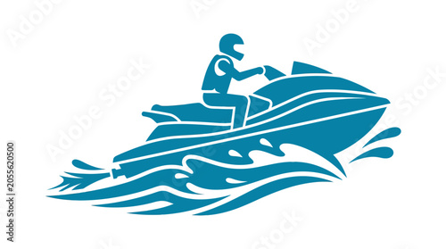 Fotografie Jet ski rider speeding through blue ocean waves.