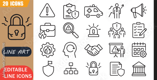 Foto Crisis management icons set, 20 editable line art icons set, crisismanagement ri