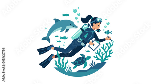 Canvas Print Scuba diver exploring ocean life with dolphin and turtle.