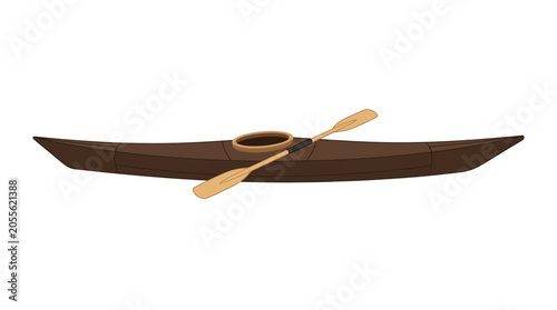 Obraz na płótnie Traditional wooden kayak with a single rowing paddle.