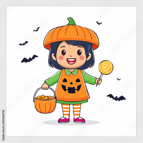 Cute child in pumpkin costume holding candy basket and lollipop for Halloween