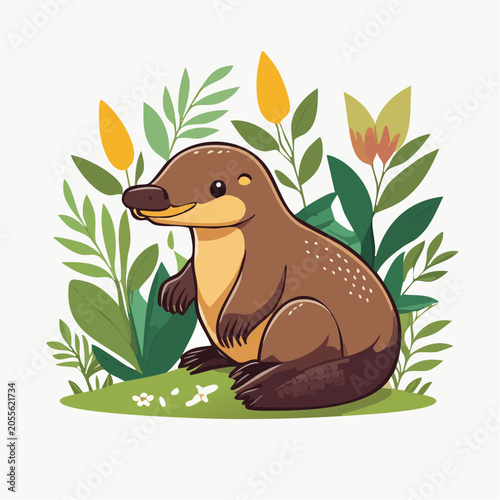 Cute cartoon platypus in a garden setting